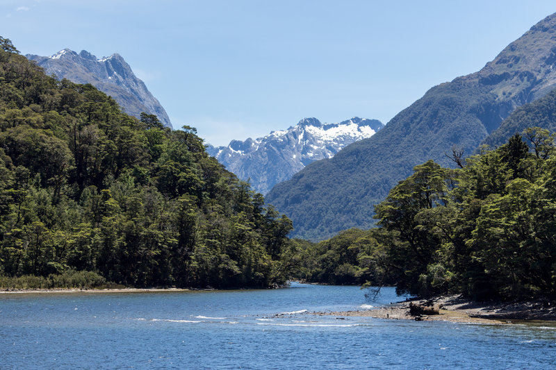 Approaching Glade Wharf, looking up the Clinton River into Fiordland National Park