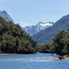 Approaching Glade Wharf, looking up the Clinton River into Fiordland National Park