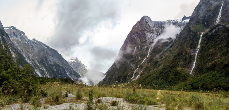 Clinton Valley and Hirere Falls from the meadow southeast of Dead Lake