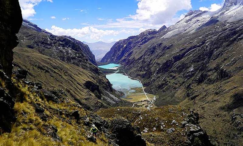 Llanganuco lakes and gorge from the viewpoint on the way up the road to Portachuelo Pass.