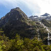 The mountains and waterfalls above Hirere Falls Shelter