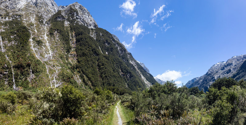 Milford Track in the upper Clinton Valley with its numerous waterfalls only flowing after rain