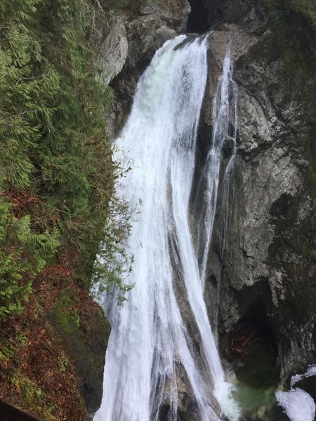 Falls from the 2nd vantage point / tree house which is a right at the fork along the main trail