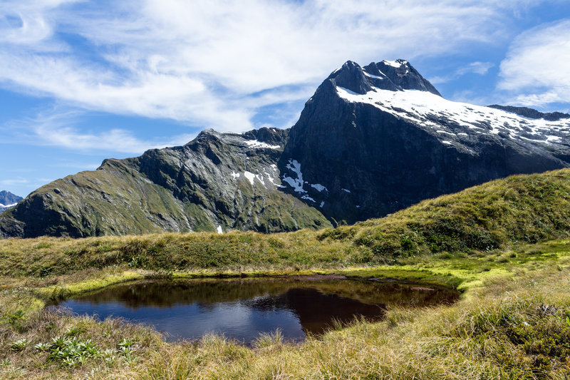 Mount Elliot with the Jervois Glacier in front of an alpine lake