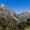 The first view of Sutherland Falls from the Milford Track. Mount Hart to the left and the Twin Sisters to the right.