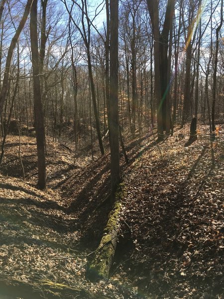 Looking down ravine between two mounds