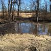 A paved creek crossing where the grass path, dirt path and gravel drive intersect.