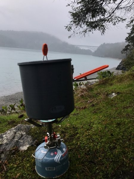 Boiling water on a misty day, at Deception Pass.