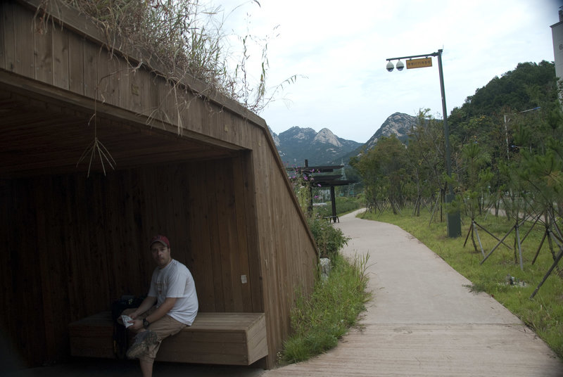 Taking a snack break in a well appointed bunker with Bukhansan in the background