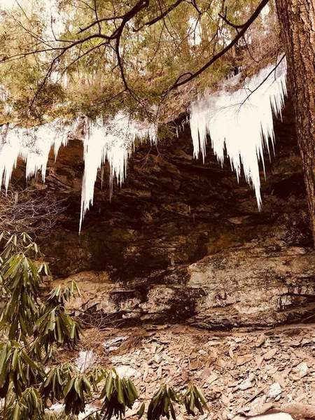 Icicles over 5 ft long hanging over a trail.