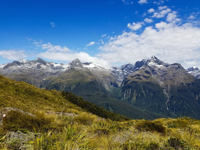 View across the Hollyford Valley onto the snowy mountain ridge