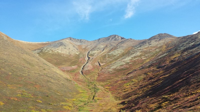 Fall tundra colors of the south and west slopes of Harp Mountain.  The false summits are visible here as well.