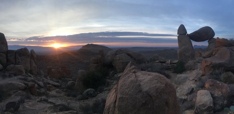 Balanced Rock is one of the top sunrise hikes! With views to the east the mountains of Sierra del Carmen light up a spectacular purple. Contrasted with the light, bouldered desert landscape it is a sight to behold.