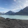 120 degree panorama of Tasman Lake centered on the Malta Brun Range. Left to right: snowcapped edge of Mt. Cook, Mt. Haidinger, Graham Saddle, De La Berche, Mt. Johnson (center bump), the Armchair, and Mt. Bretta