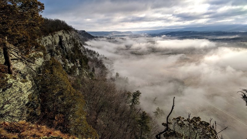 The fog is beginning to lift along side these craggy ledges in Cliff Park, Pennsylvania