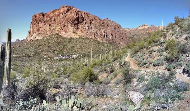Peralta Road off 60 to Bluff Springs Trail above the parking lot looking back at Superstition Mountain.