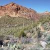 Peralta Road off 60 to Bluff Springs Trail above the parking lot looking back at Superstition Mountain.