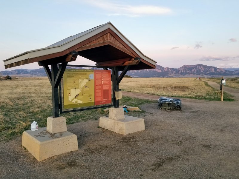 The trailhead sign and map, with the flatirons in the background.