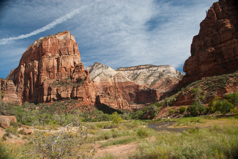 Angles Landing looks imposing from below. Further back is Observation Point