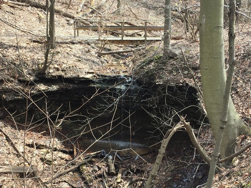 Bridge over waterfall at the end of cat fish pond