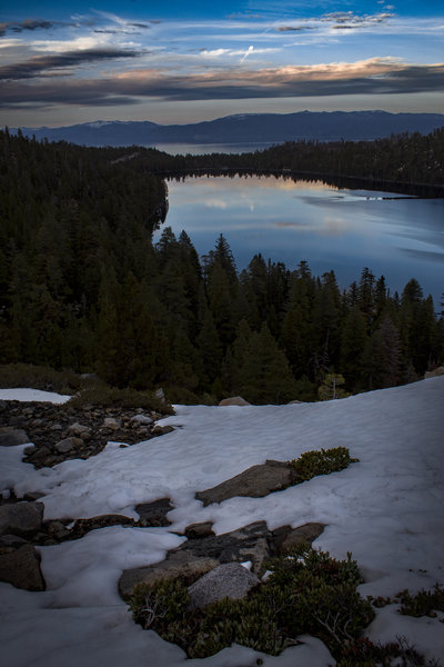 Looking out at Cascade Lake and Lake Tahoe shortly before sunset.