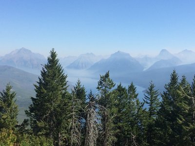 Lake McDonald enveloped in the smoke of a wild-land fire..