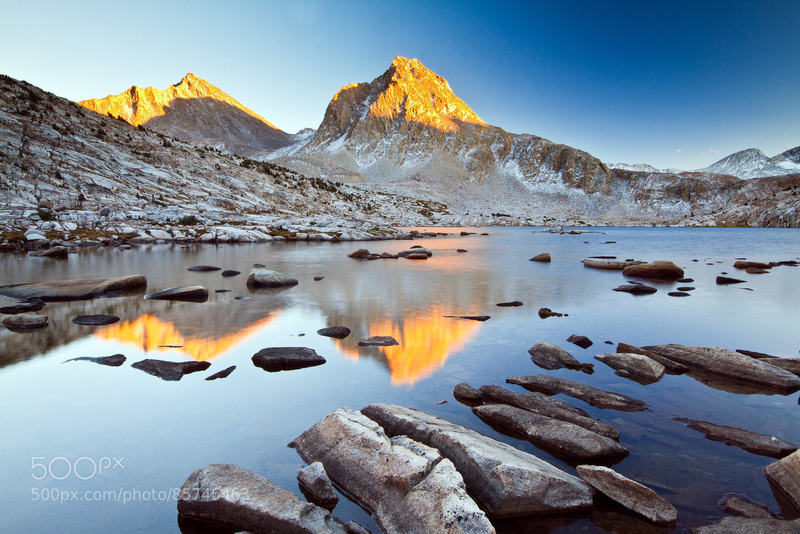 Sapphire Lake: Sunset on Mt. Huxley and Mt. Fisk above Sapphire Lake in the Evolution Basin, High Sierra, California.