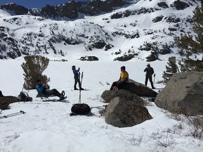 Lake Winnemucca, covered in ice and snow, makes a beautiful lunch spot.