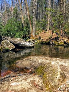 A hand-chiseled millstone lies abandoned in the creek