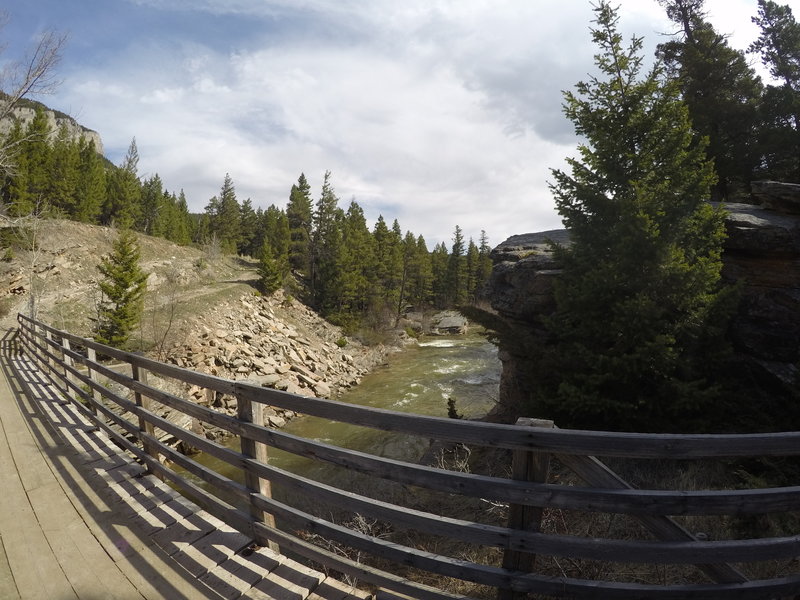 Start of the trail by a bridge crossing the Dearborn River.