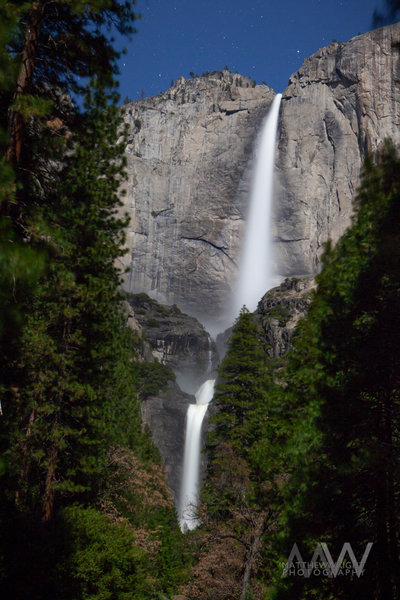 Yosemite Falls on a full moon night from the Lower Yosemite Falls trail