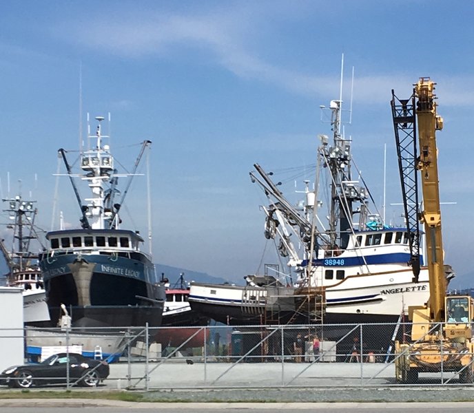 Large fishing vessels, as well as smaller pleasure boats, line the side of the trail.