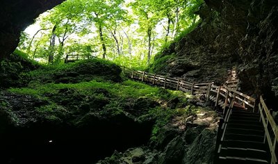 The stairs leading down to Dance Hall cave at Maquoketa Caves State Park near Maquoketa.