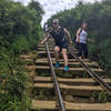 Hiking down the steep railroad ties is even more difficult.