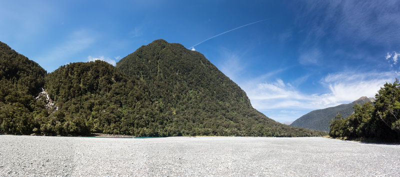 Haast River bed with Roaring Billy Falls on the left