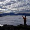 Pointing toward Mount Ashland from the viewpoint on Roxy Ann Peak.