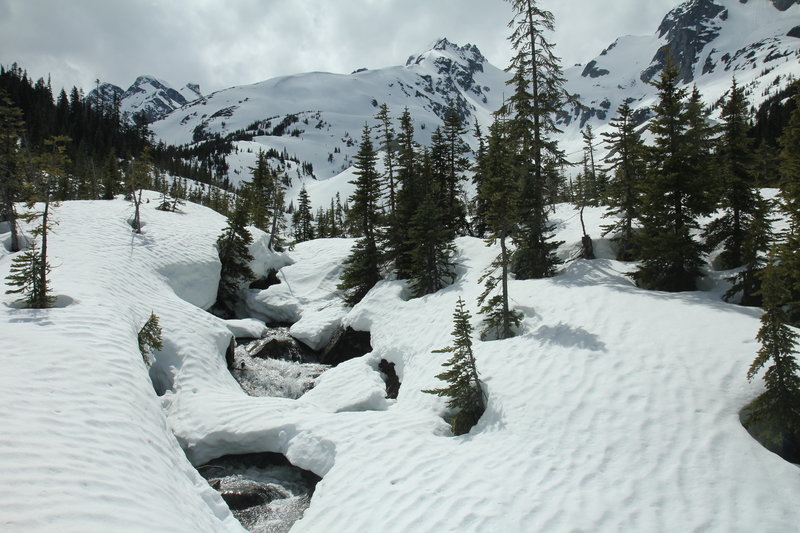 Upper part of Cerise Creek, with Mount Matier in the background, on Cerise Creek Winter Route