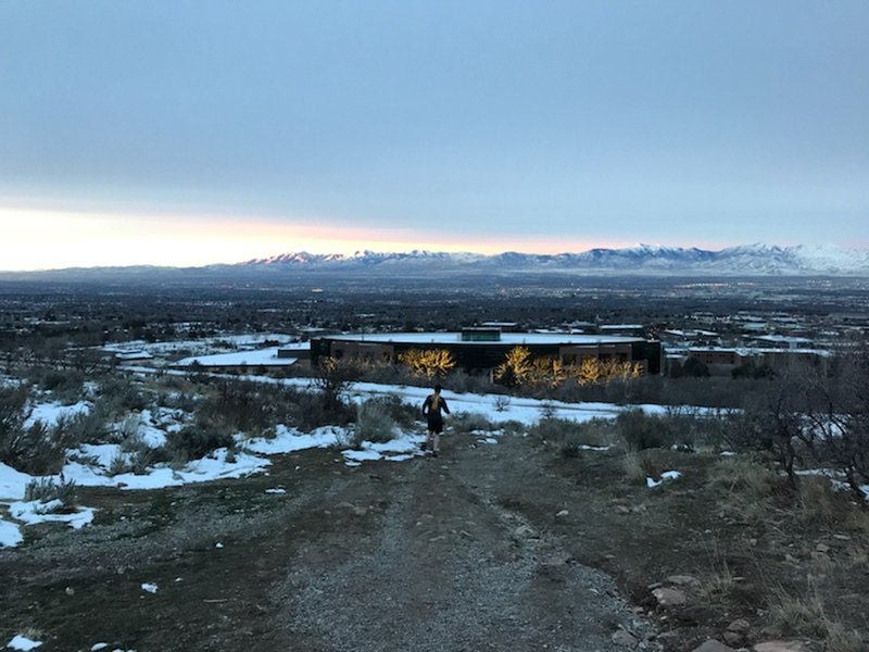 Running down toward the bottom of the George's Hollow Trail, near the Bonneville Shoreline Trail