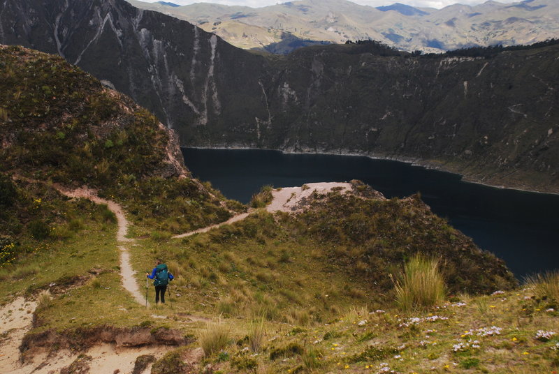 Hiking along the crater rim at Laguna Quilotoa.