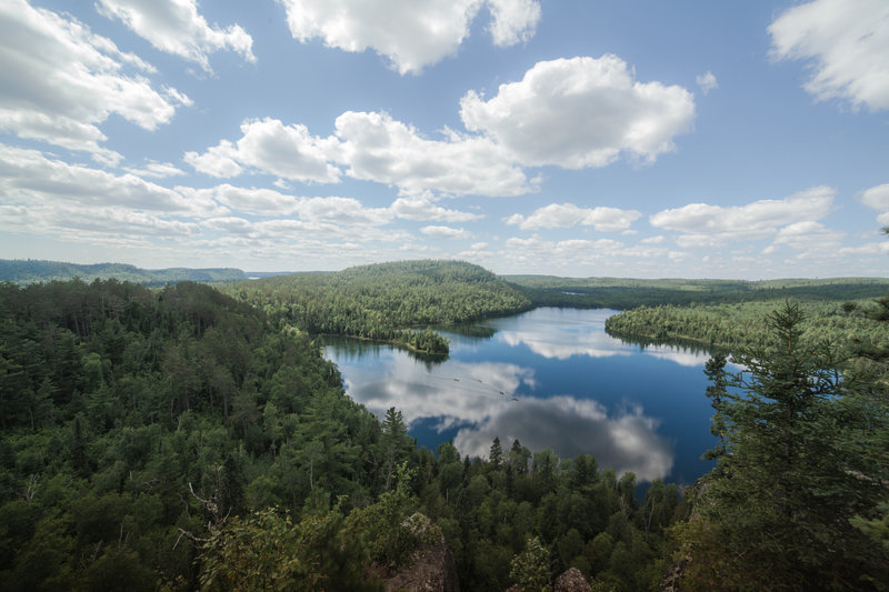 Canoes in Mountain Lake, from an overlook on the Border Route Trail.