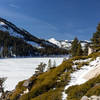 Partly frozen Lower Echo Lake from Pacific Crest Trail / Tahoe Rim Trail