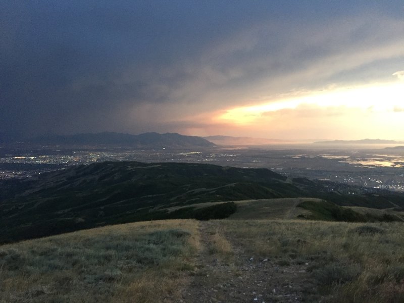 Looking back down the trail at the top of the 3rd crux (monster hill). Note the T-storm in the distance. Time to get down fast! There must have been over 100 strikes in the distance as I descended.