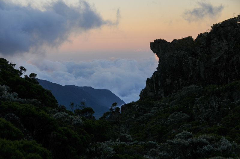 Looking into Cirque de Cilaos at sunset