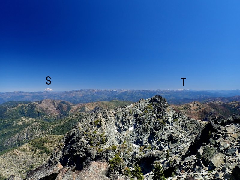 Mount Shasta (S) and the Trinity Alps (T) from atop Preston