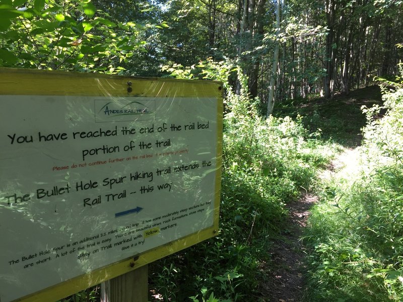 Rail Trail ends and Bullet Hole Spur begins.