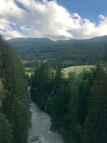 Evening light from the suspension bridge above Ötztaler Ache river.