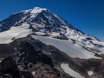 Mt. Rainiers Ptarmigan Ridge, Liberty Ridge, Mowich Face, Sunset Amphitheater from Obersvation Rock.