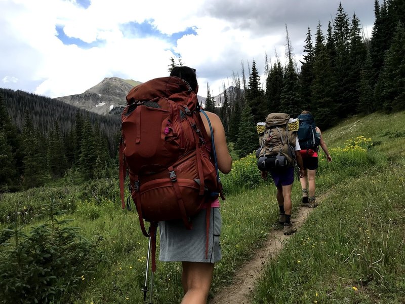 Intermittent glimpses toward the 12,000' peaks above Island and Carey Lakes.