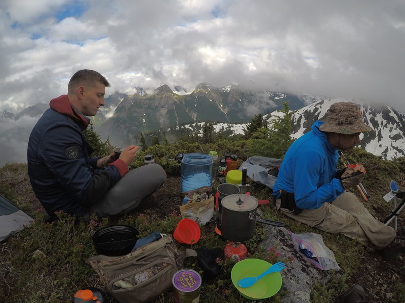 Eating dinner on the mountain.