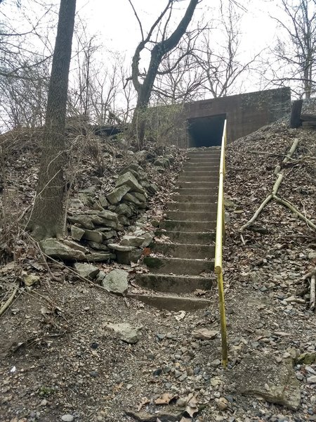 Looking back at the tunnel you can see the stairs are steep but have a railing